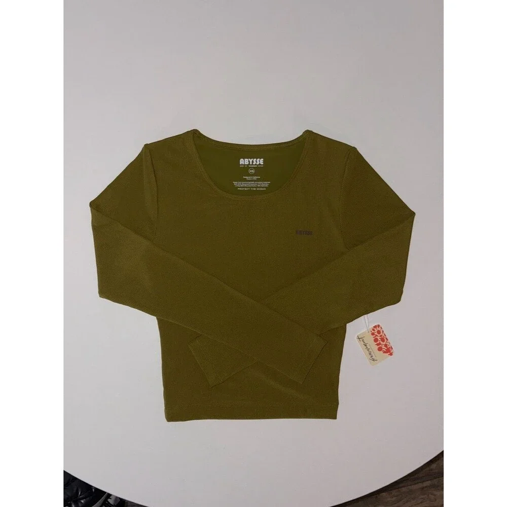 Abysse Poppler Crop Rashguard UPF 50 Surf Top Palm Olive Green XS NEW NWT